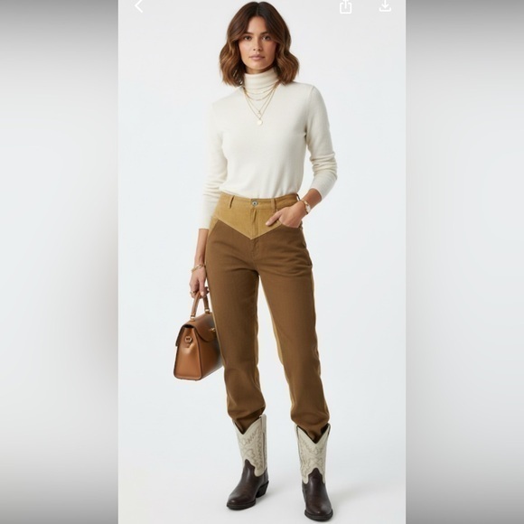 Highrise Straight Leg Western  Style Beige Corduroy Pants - Picture 3 of 11